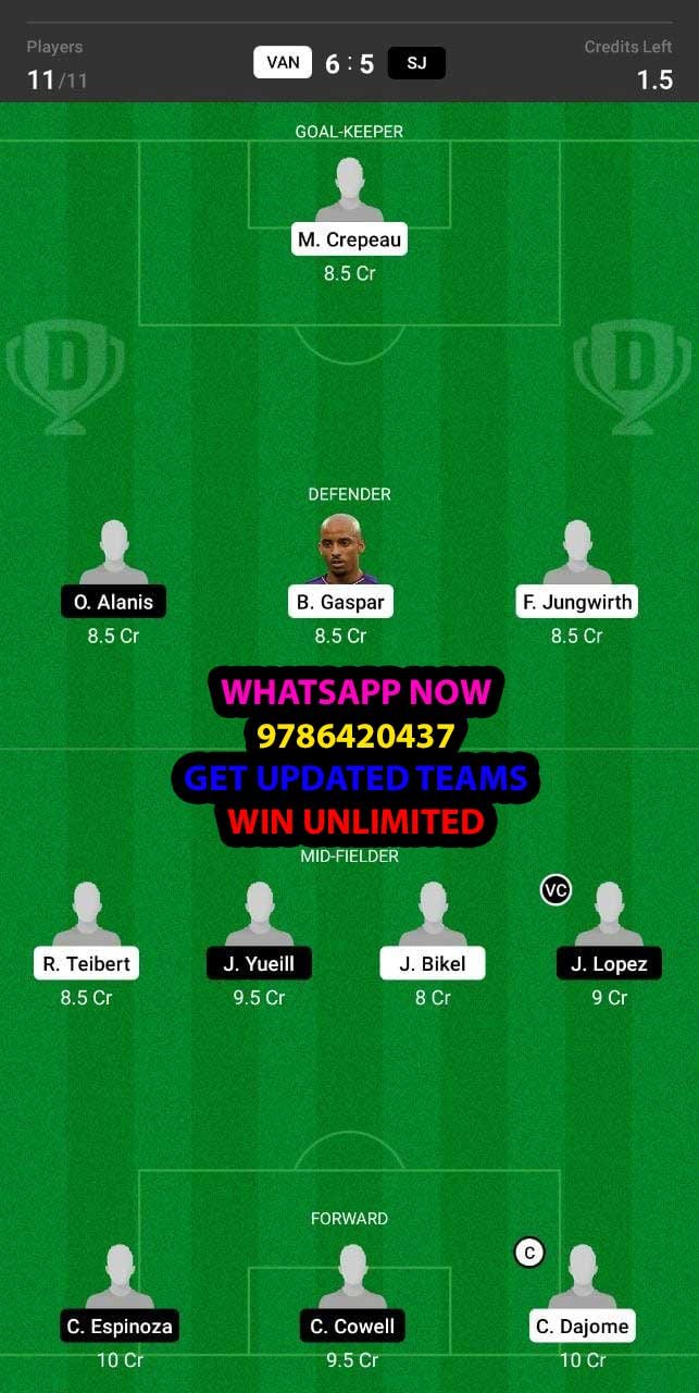 VAN vs SJ Dream11 Team fantasy Prediction Major League Soccer