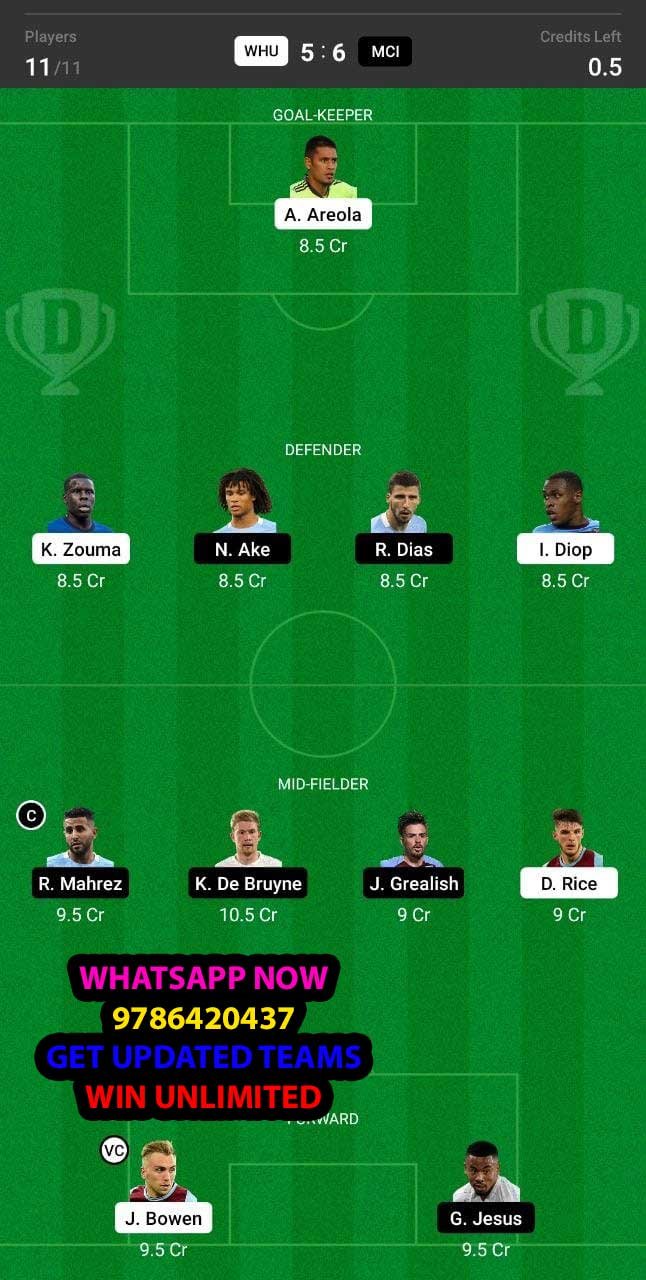 WHU vs MCI Dream11 Team fantasy Prediction English League Cup