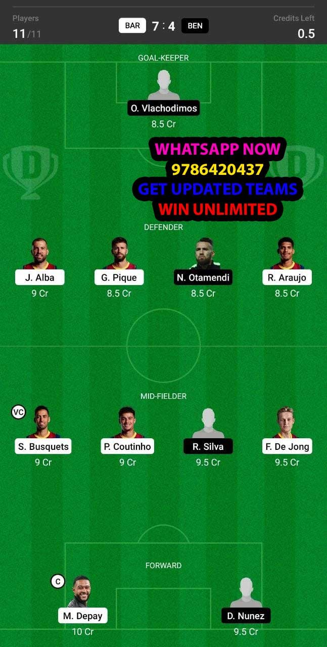 BAR vs BEN Dream11 Team fantasy Prediction Champions League