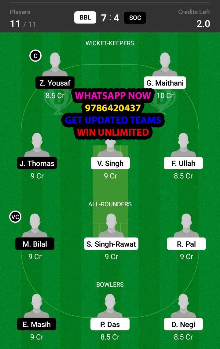 BBL vs SOC 9th Match Dream11 Team fantasy Prediction FanCode ECS T10 - Malta