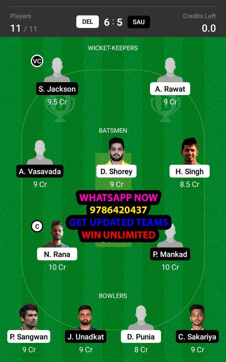 DEL vs SAU 84th Match Dream11 Team fantasy Prediction Syed Mushtaq Ali T20