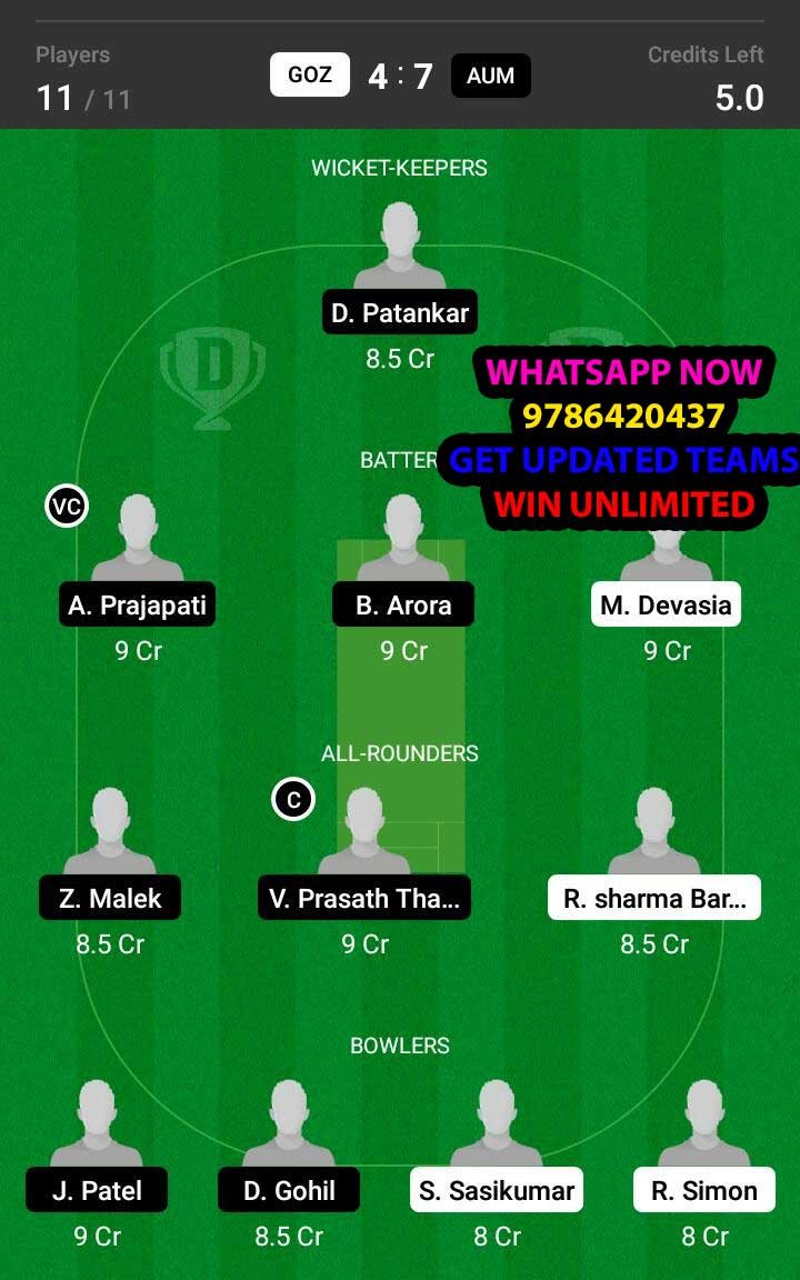 GOZ vs AUM 31st Match Dream11 Team fantasy Prediction FanCode ECS T10 - Malta