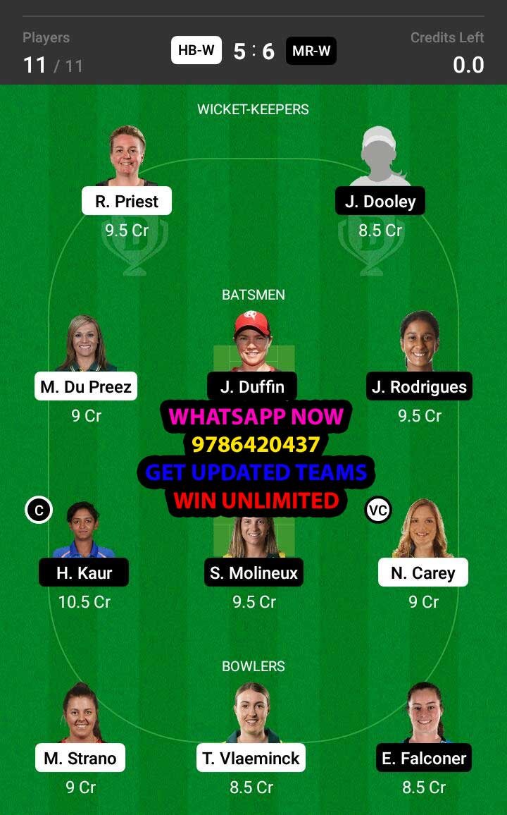 HB-W vs MR-W 49th Match Dream11 Team fantasy Prediction Weber WBBL T20