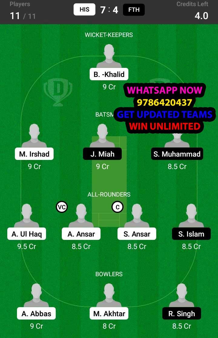 HIS vs FTH 17th Match Dream11 Team fantasy Prediction FanCode ECS T10 - Barcelona