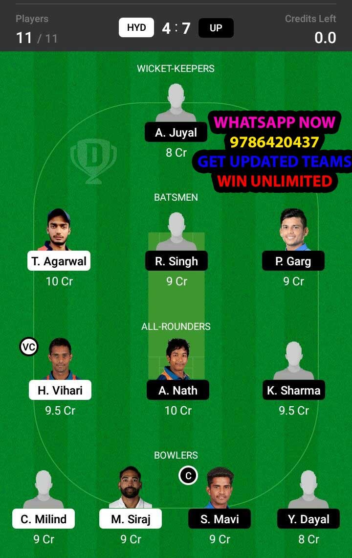 HYD vs UP 95th Match Dream11 Team fantasy Prediction Syed Mushtaq Ali T20