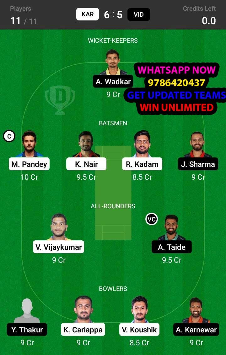 KAR vs VID Semi-Final Match Dream11 Team fantasy Prediction Syed Mushtaq Ali T20