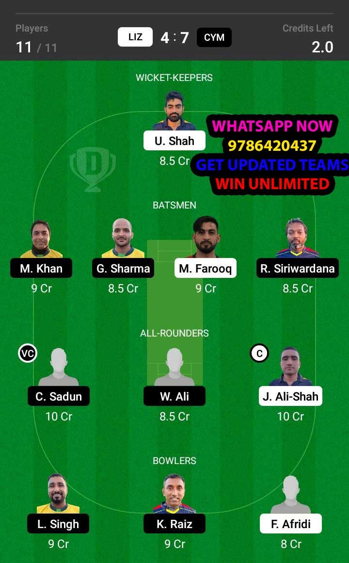 LIZ vs CYM 29th Match Dream11 Team fantasy Prediction FanCode ECS T10 - Cyprus