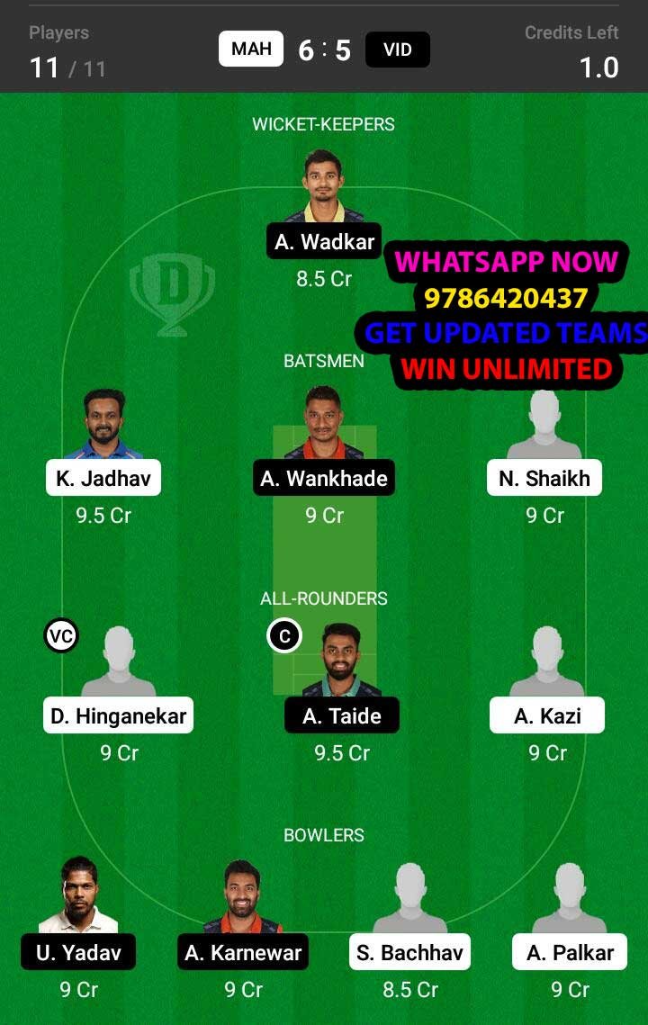 MAH vs VID Pre Quarter-Final Match Dream11 Team fantasy Prediction Syed Mushtaq Ali T20