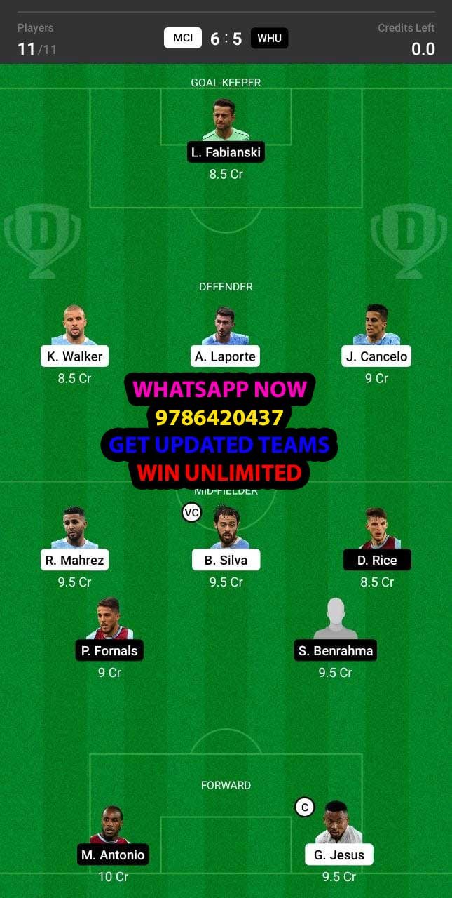 MCI vs WHU Dream11 Team fantasy Prediction Premier League