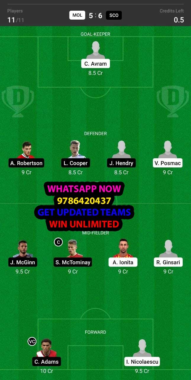 MOL vs SCO Dream11 Team fantasy Prediction World Cup Qualifiers