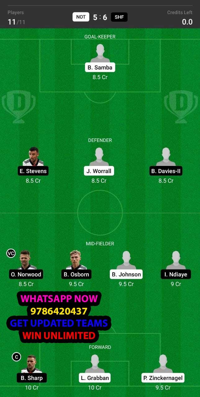 NOT vs SHF Dream11 Team fantasy Prediction Championship