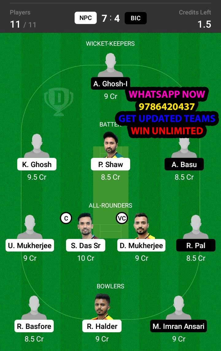 NPC vs BIC 15th Match Dream11 Team fantasy Prediction BYJU'S Bengal Inter-district T20