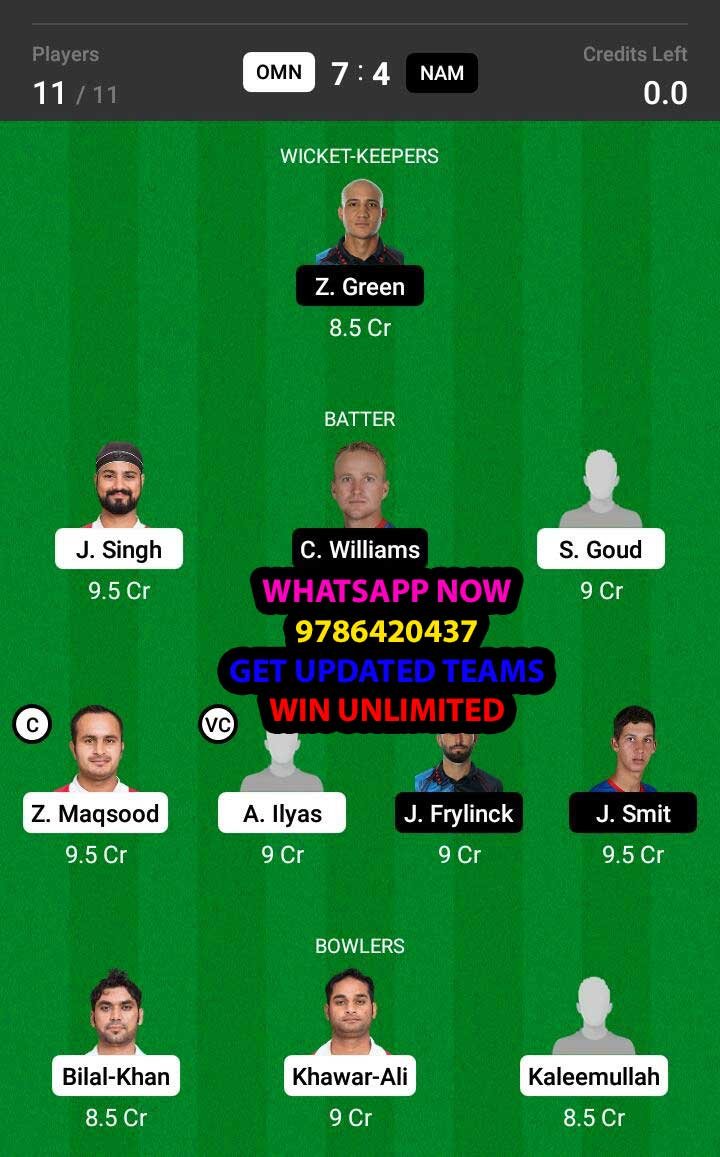 OMN vs NAM 7th Match Dream11 Team fantasy Prediction CWC League-2 One-Day