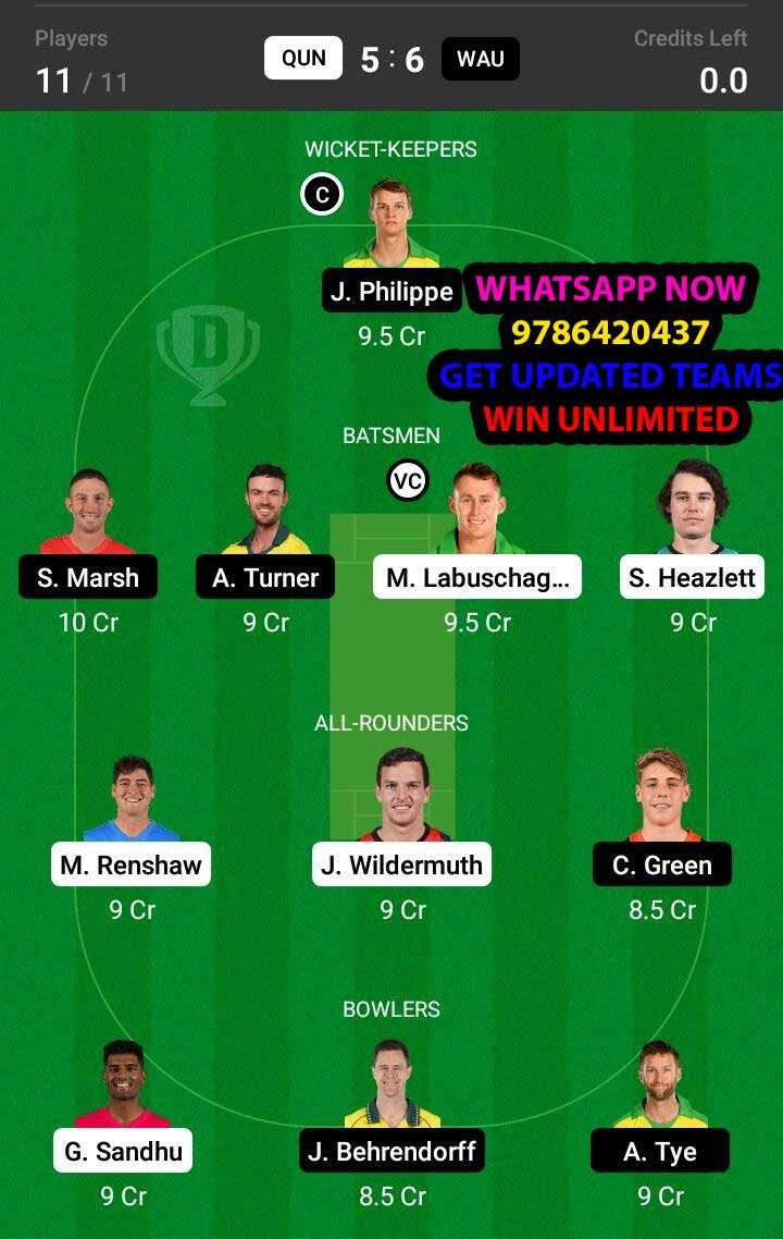 QUN vs WAU 6th Match Dream11 Team fantasy Prediction Australian One-Day Cup