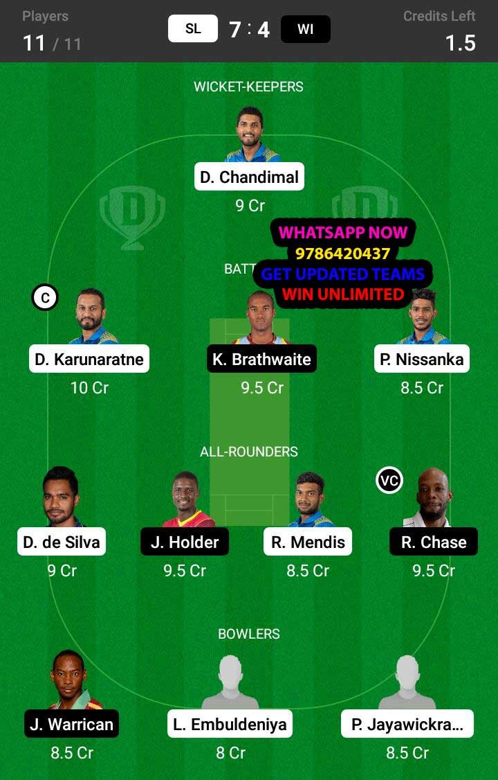 SL vs WI 2nd Test Match Dream11 Team fantasy Prediction West Indies tour of Sri Lanka