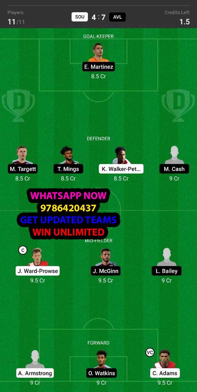 SOU vs AVL Dream11 Team fantasy Prediction Premier League