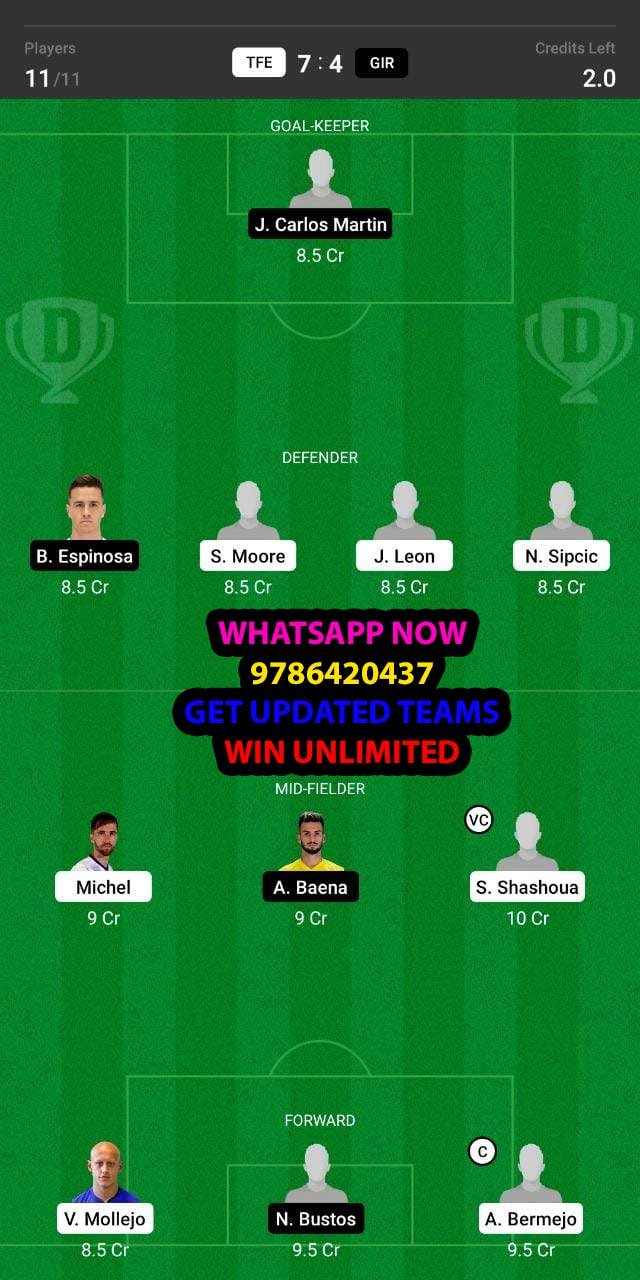 TFE vs GIR Dream11 Team fantasy Prediction LaLiga 2