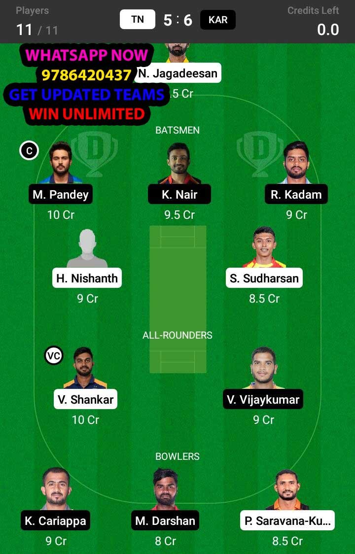 TN vs KAR Final Match Dream11 Team fantasy Prediction Syed Mushtaq Ali T20