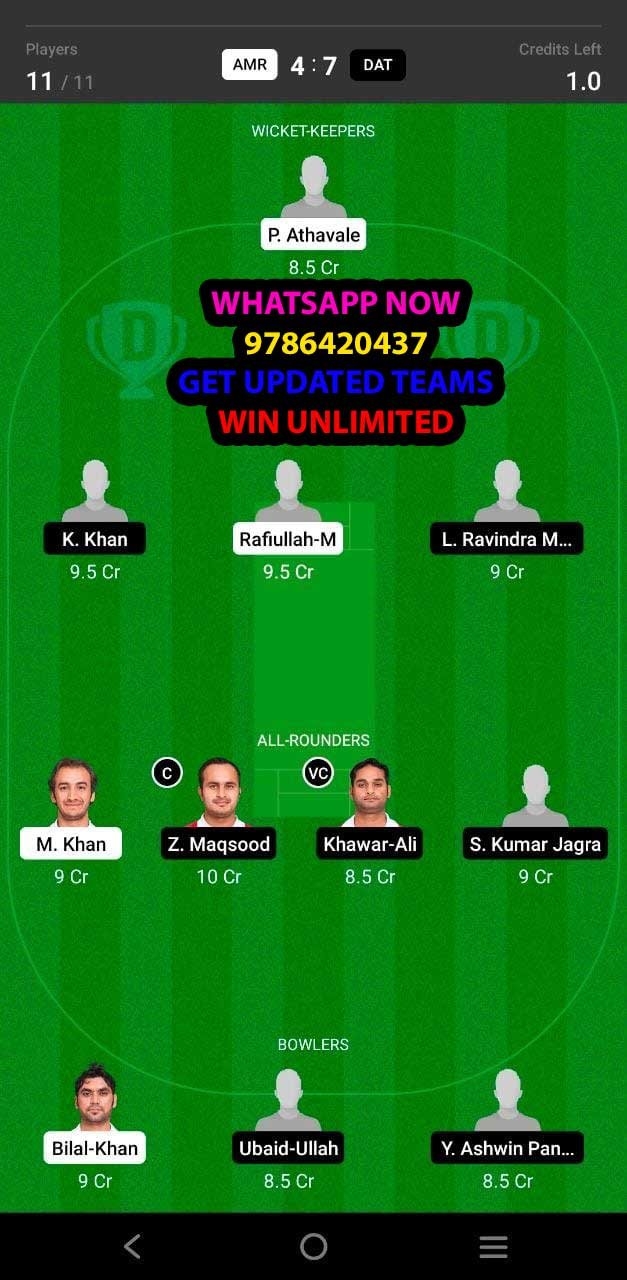 AMR vs DAT 12th Match Dream11 Team fantasy Prediction FanCode Oman D20