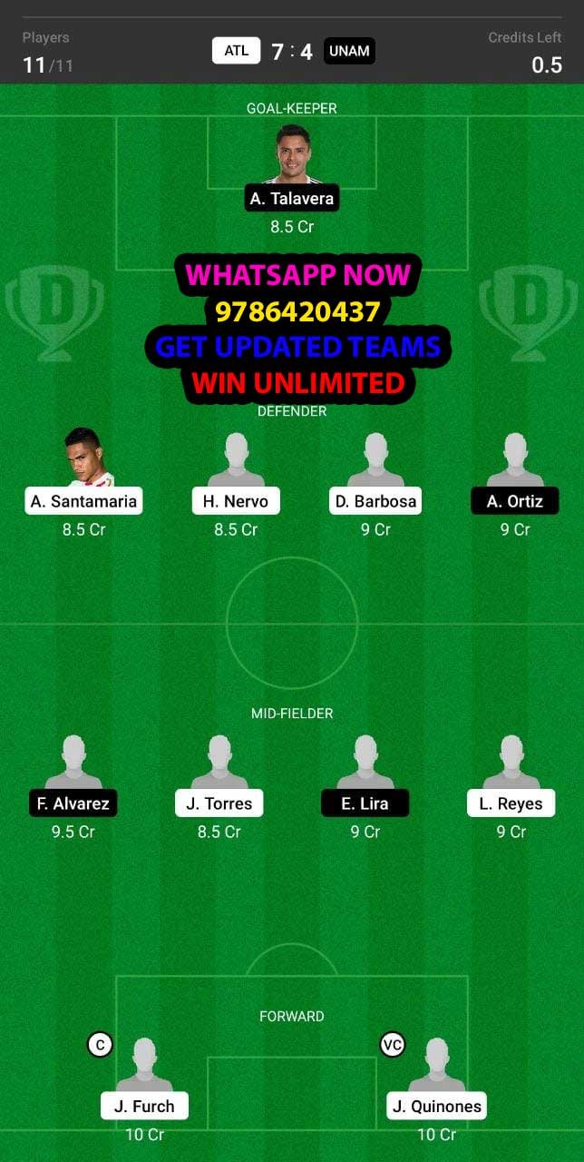 ATL vs UNAM Dream11 Team fantasy Prediction Mexican League