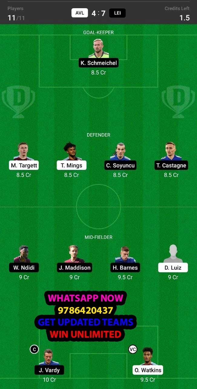 AVL vs LEI Dream11 Team fantasy Prediction Premier League