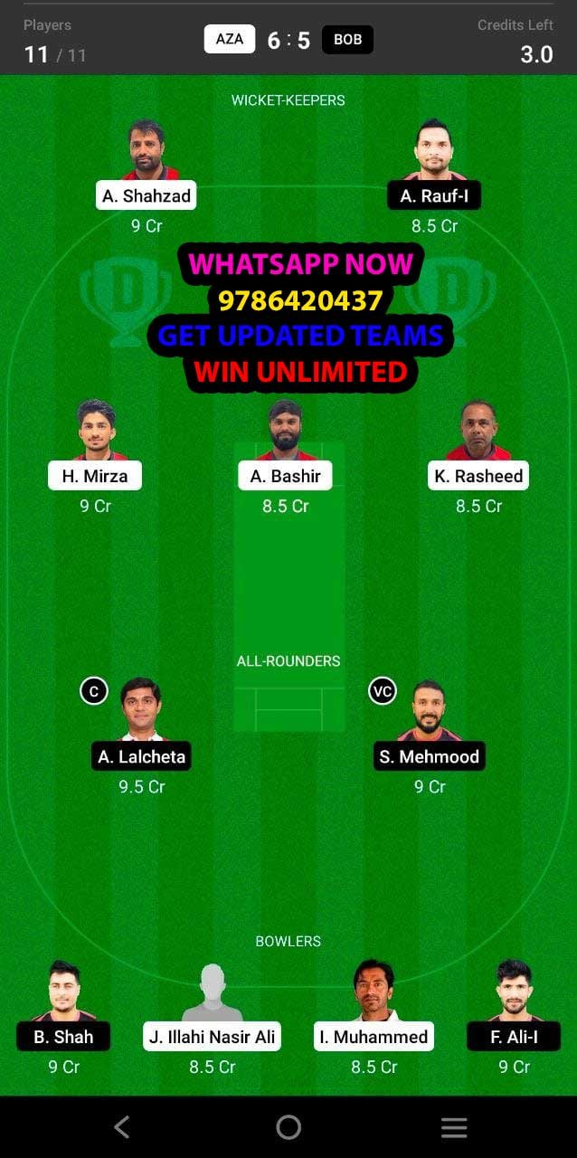 AZA vs BOB 15th Match Dream11 Team fantasy Prediction FanCode Oman D20