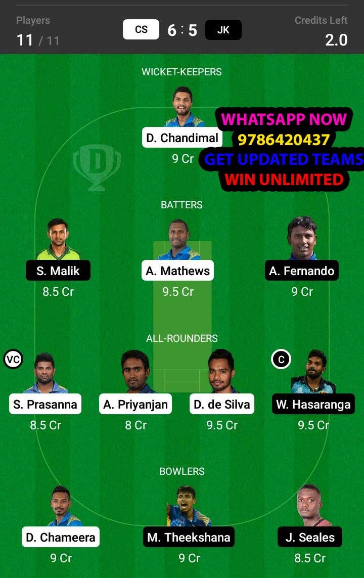 CS vs JK 17th Match Dream11 Team fantasy Prediction Lanka Premier League T20