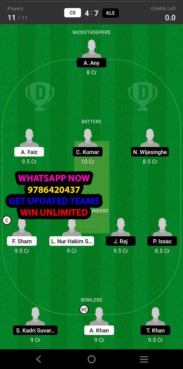 CS vs KLS 10th Match Dream11 Team fantasy Prediction MCA T10 Bash