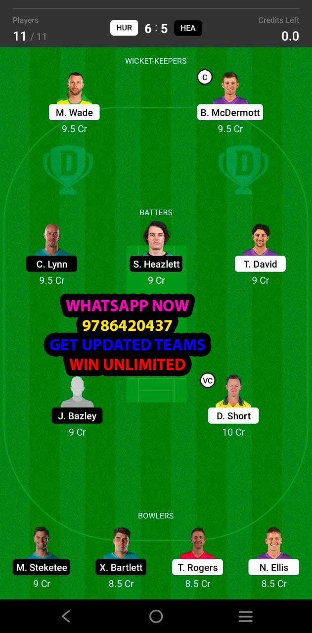 HUR vs HEA 29th Match Dream11 Team fantasy Prediction KFC Big Bash League T20