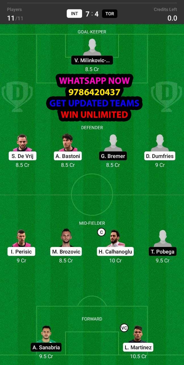 INT vs TOR Dream11 Team fantasy Prediction Serie A