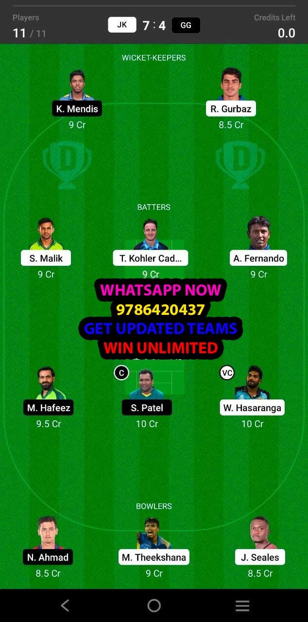 JK vs GG Qualifier Match Dream11 Team fantasy Prediction Lanka Premier League T20