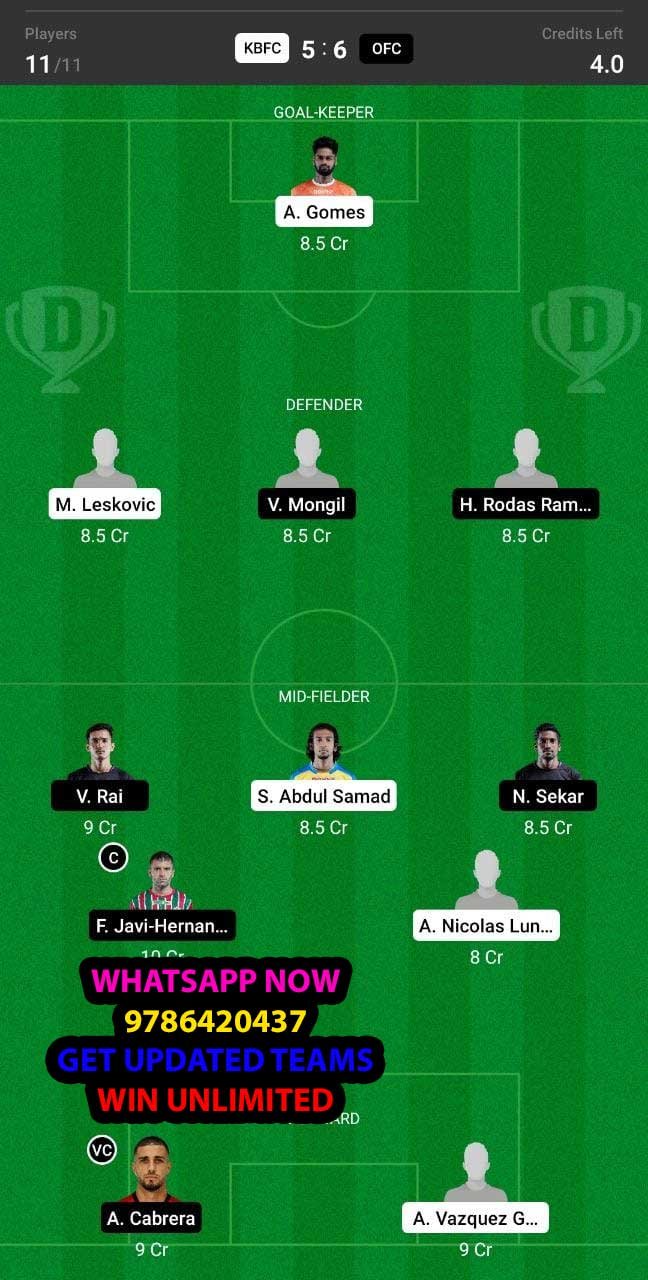 KBFC vs OFC Dream11 Team fantasy Prediction Hero ISL