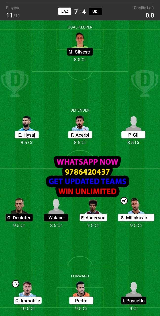 LAZ vs UDI Dream11 Team fantasy Prediction Serie A