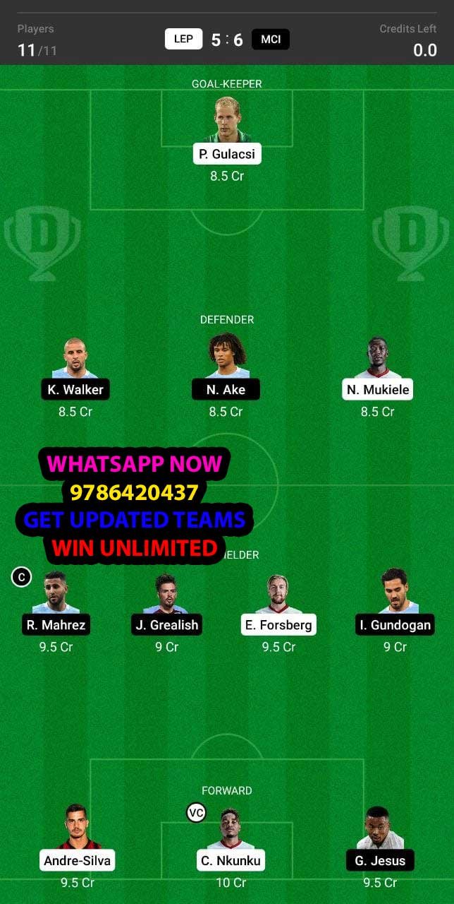 LEP vs MCI Dream11 Team fantasy Prediction Champions League