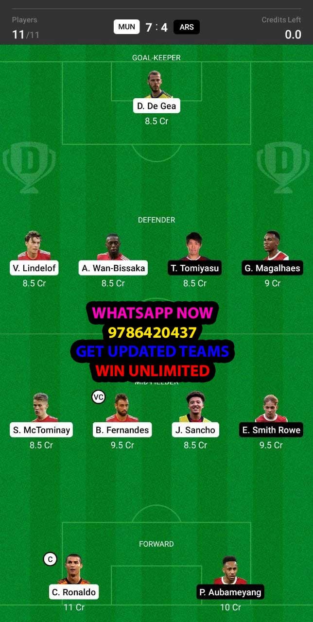 MUN vs ARS Dream11 Team fantasy Prediction Premier League