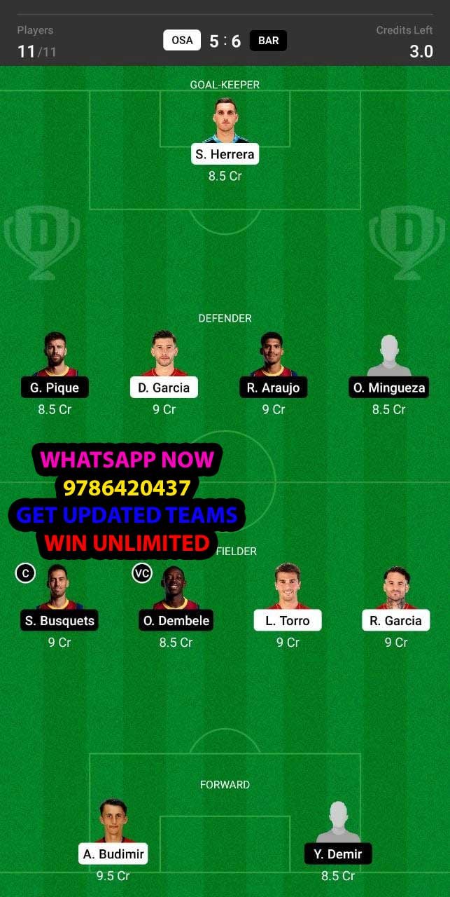 OSA vs BAR Dream11 Team fantasy Prediction LaLiga Santander