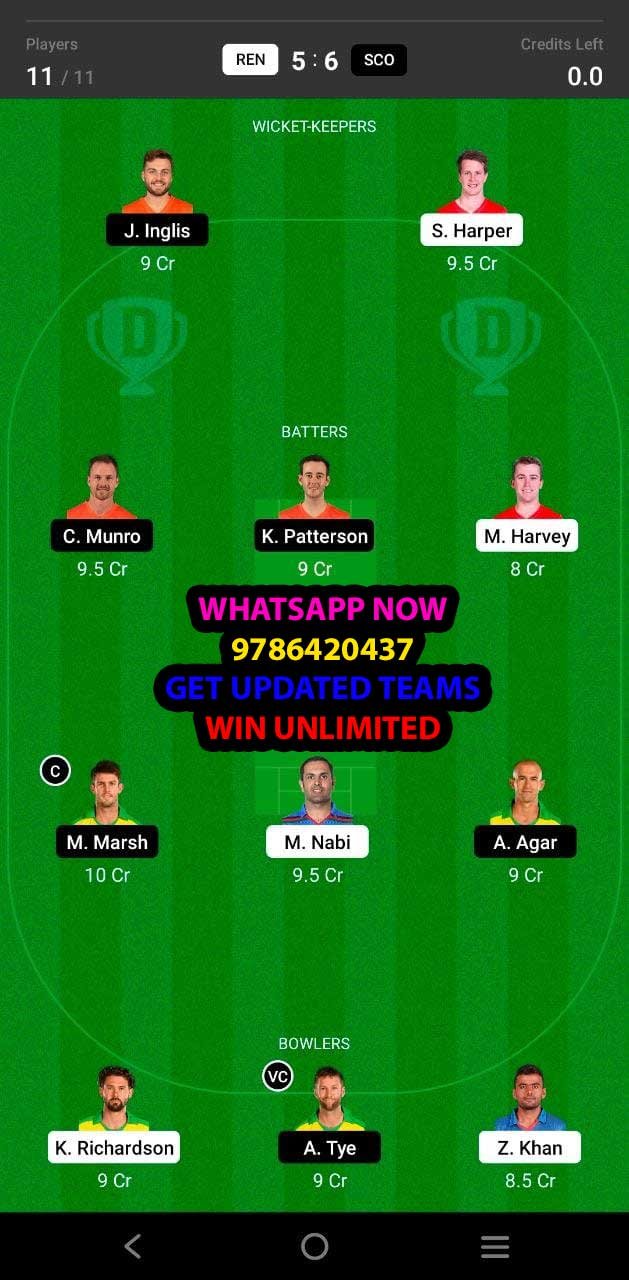 REN vs SCO 17th Match Dream11 Team fantasy Prediction KFC Big Bash League T20