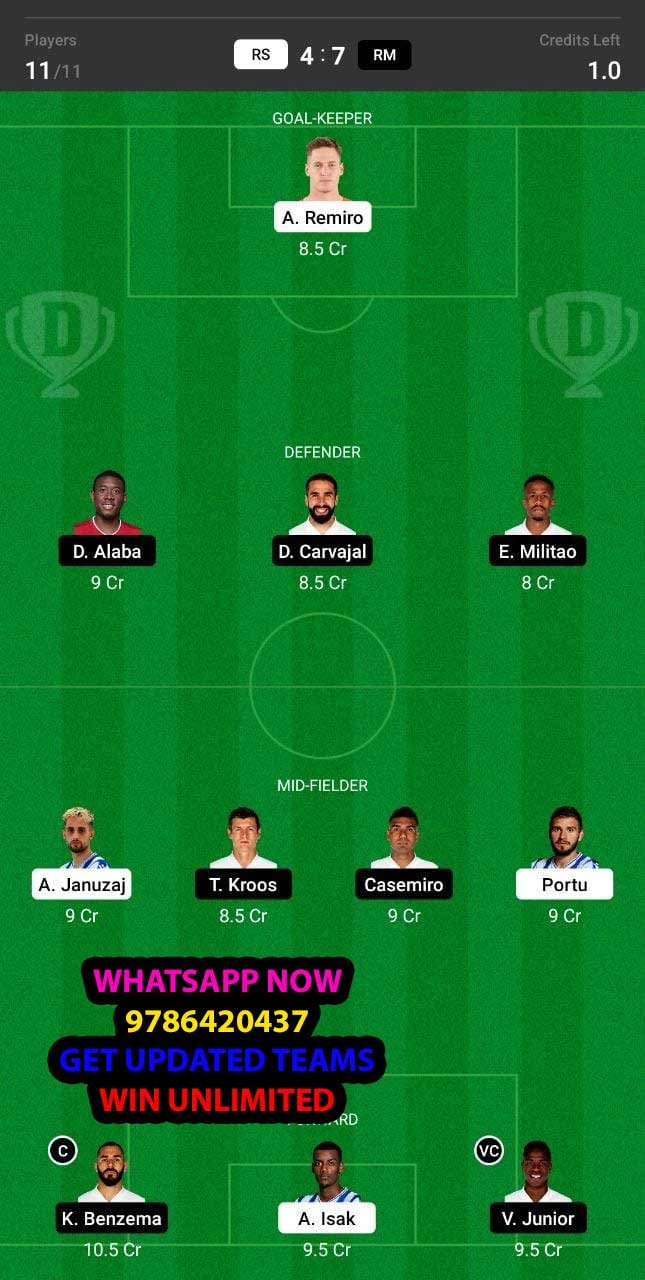 RS vs RM Dream11 Team fantasy Prediction LaLiga Santander