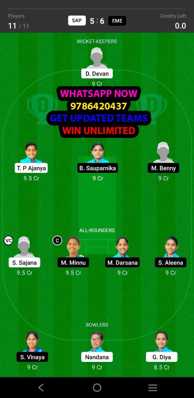 SAP vs EME 10th Match Dream11 Team fantasy Prediction BYJUS KCA T20 Pink Challenge