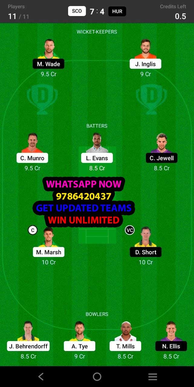 SCO vs HUR 15th Match Dream11 Team fantasy Prediction KFC Big Bash League T20