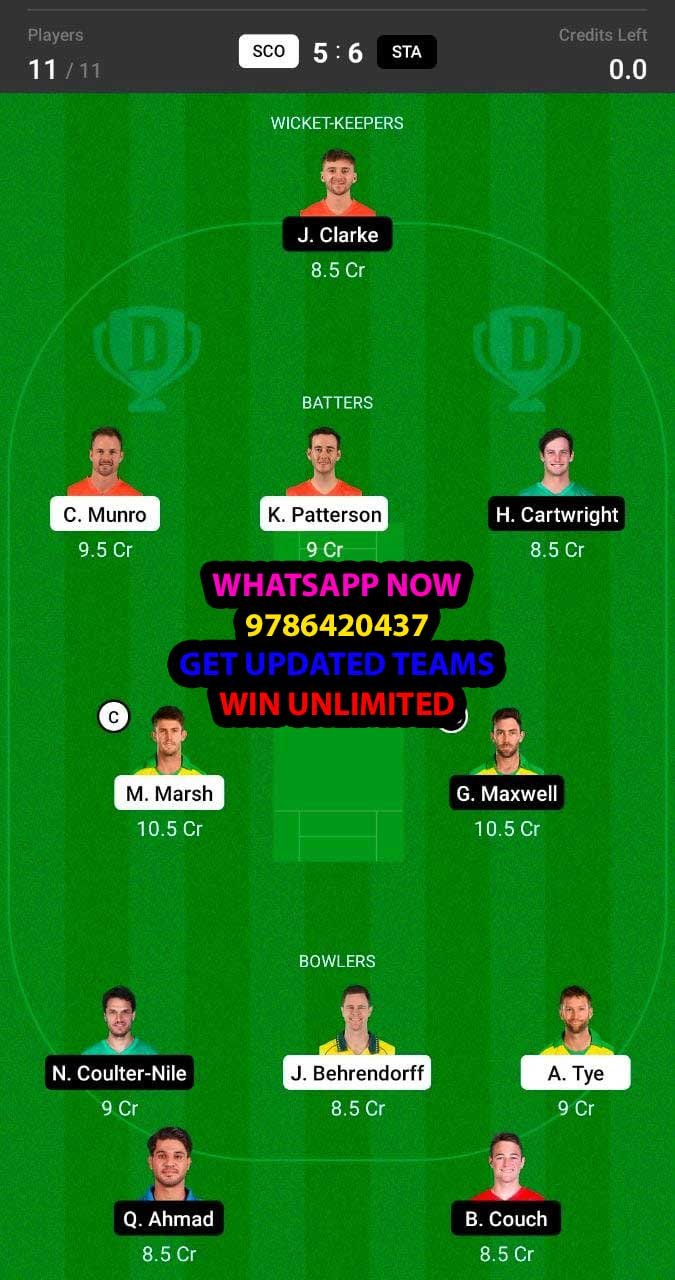 SCO vs STA 27th Match Dream11 Team fantasy Prediction KFC Big Bash League T20