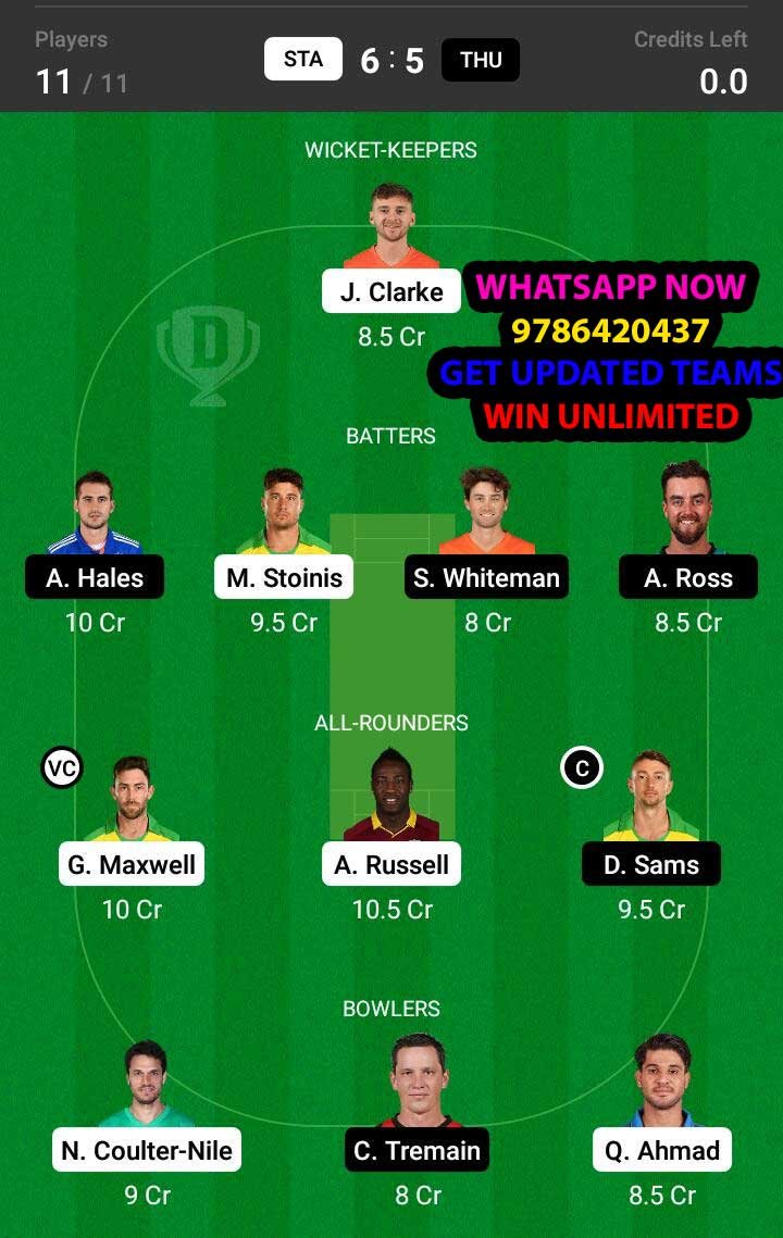 STA vs THU 7th Match Dream11 Team fantasy Prediction KFC Big Bash League T20