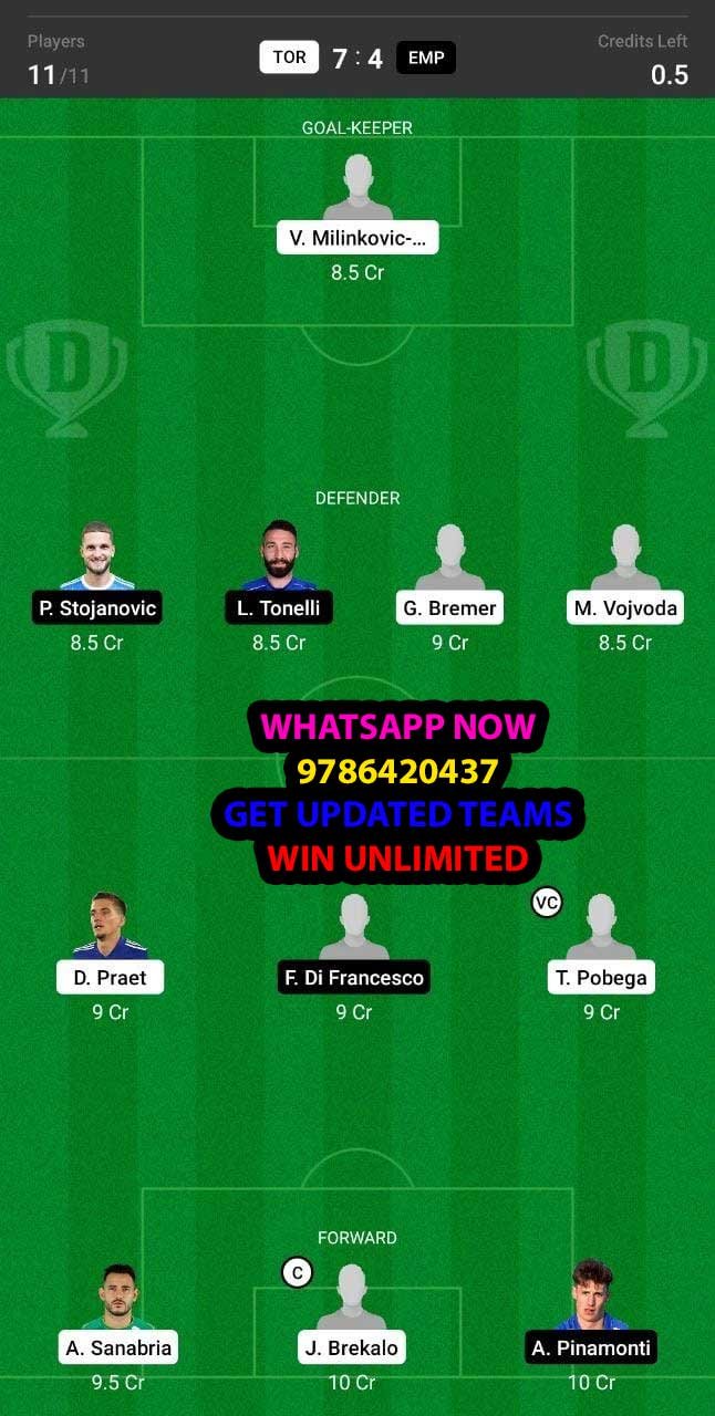 TOR vs EMP Dream11 Team fantasy Prediction Serie A