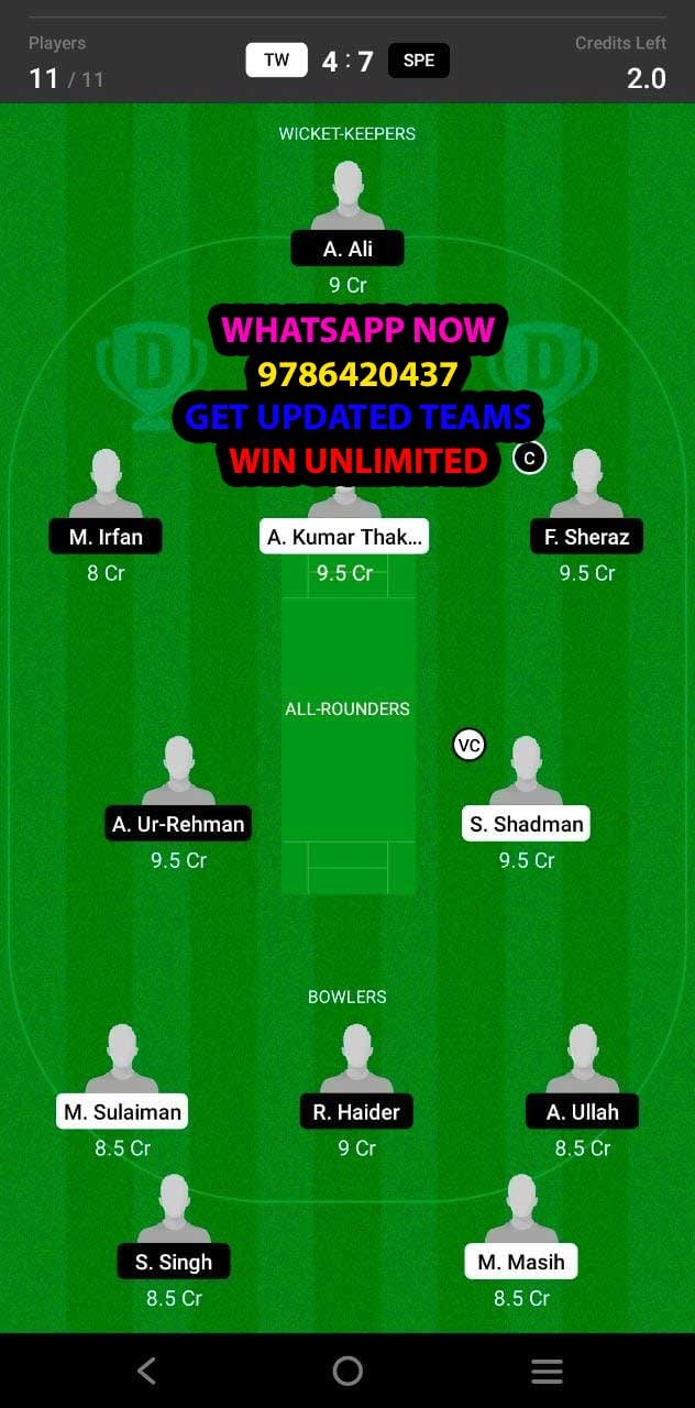 TW vs SPE 19th Match Dream11 Team fantasy Prediction MCA T10 Bash