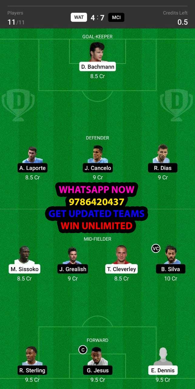 WAT vs MCI Dream11 Team fantasy Prediction Premier League