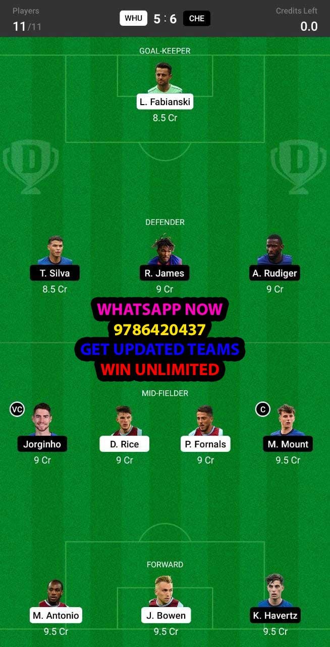 WHU vs CHE Dream11 Team fantasy Prediction Premier League