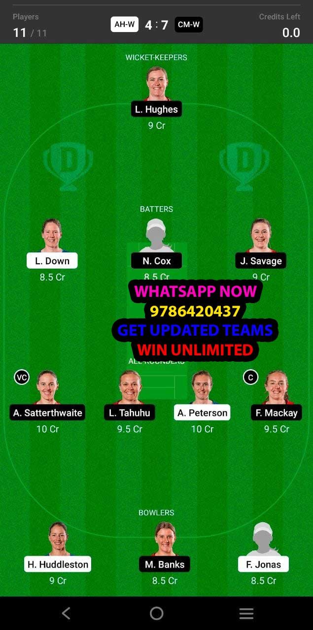 AH-W vs CM-W 20th Match Dream11 Team fantasy Prediction Dream11 Women's Super Smash T20