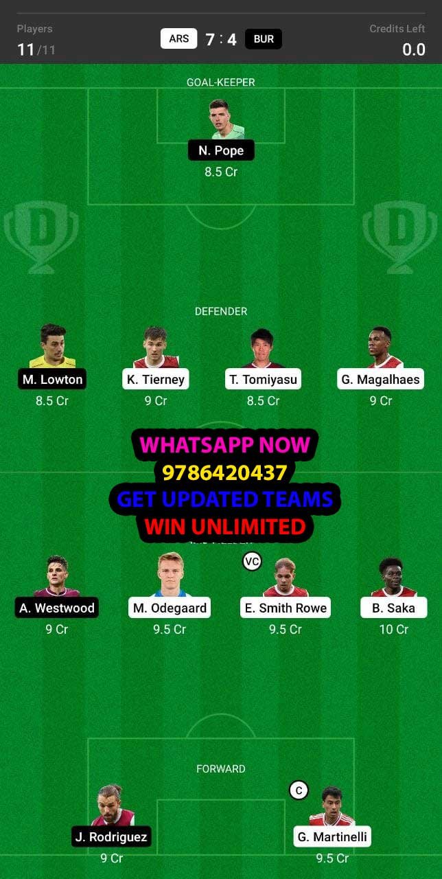 ARS vs BUR Dream11 Team fantasy Prediction Premier League