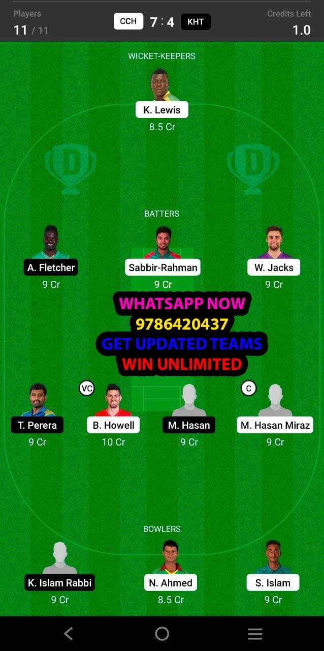 CCH vs KHT 9th Match Dream11 Team fantasy Prediction Bangladesh T20 League