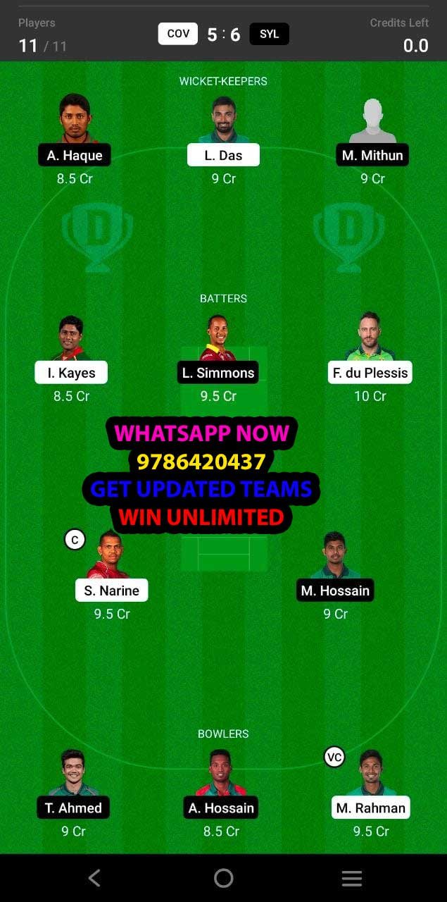 COV vs SYL 3rd Match Dream11 Team fantasy Prediction Bangladesh T20 League